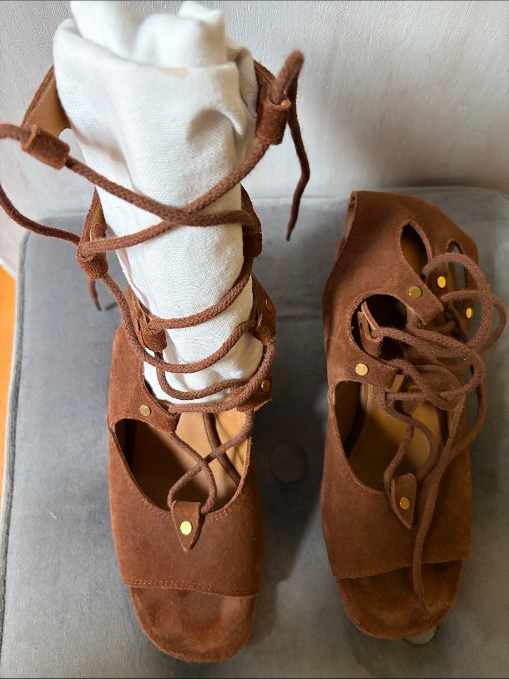 Chloe Women's Brown Suede Lace-Up Peep-Toe Heels